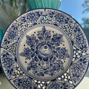 Hand Painted Italian Ceramic Plate: Reticulated Floral Design, Blue & White