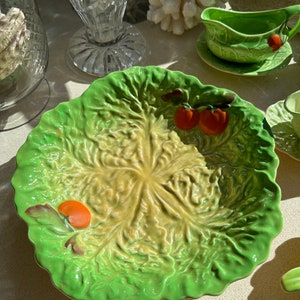 Majolica Plate & Jugs  - Lettuce Plate by Carlton Ware Plate and 2 Matching Mini Jugs with Base Plates - Beautiful Green Pottery from 1950&#39;s