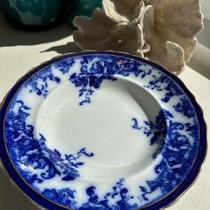 Puede incluir: Plato antiguo blanco y azul con dise&ntilde;os florales. El plato tiene un borde azul oscuro y un ribete dorado. El patr&oacute;n floral es azul oscuro sobre fondo blanco. Una pieza decorativa vintage.