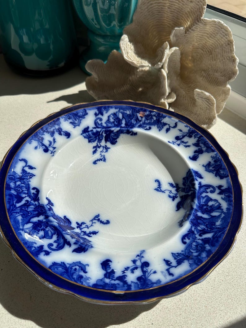 Puede incluir: Plato antiguo blanco y azul con dise&ntilde;os florales. El plato tiene un borde azul oscuro y un ribete dorado. El patr&oacute;n floral es azul oscuro sobre fondo blanco. Una pieza decorativa vintage.