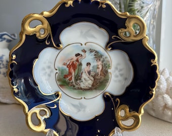 Plato de porcelana JL Menau Cobalto Vintage: Decoración Rococó Dorada