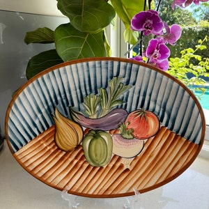 Portuguese Ceramic Glazed Platter, Mediterranean Vegetable Design - Oval Serving Dish