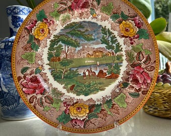 Wedgwood Etruria Plate: Paisaje de mediados de siglo. Diseño A4447. Paisaje rural inglés.
