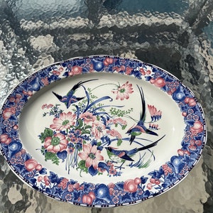 Vintage Japanese Turkey Platter: Blue & Pink Floral Bird Scene