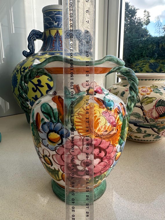 Hand-painted Italian Pottery Vase: Majolica Style Floral Sgraffito