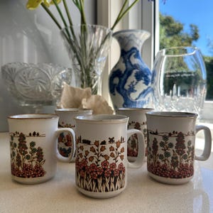 Scottish Dunoon Ceramics Stoneware Coffee Cups, Pretty Floral Stoneware Mugs - Vintage Retro Design