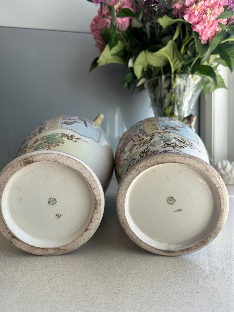 Antique circ 1800 early 1900’s Nippon Vases Set of 2 Large x 37-38 cm tall | Hand-Painted Peacock & Floral Design image 19