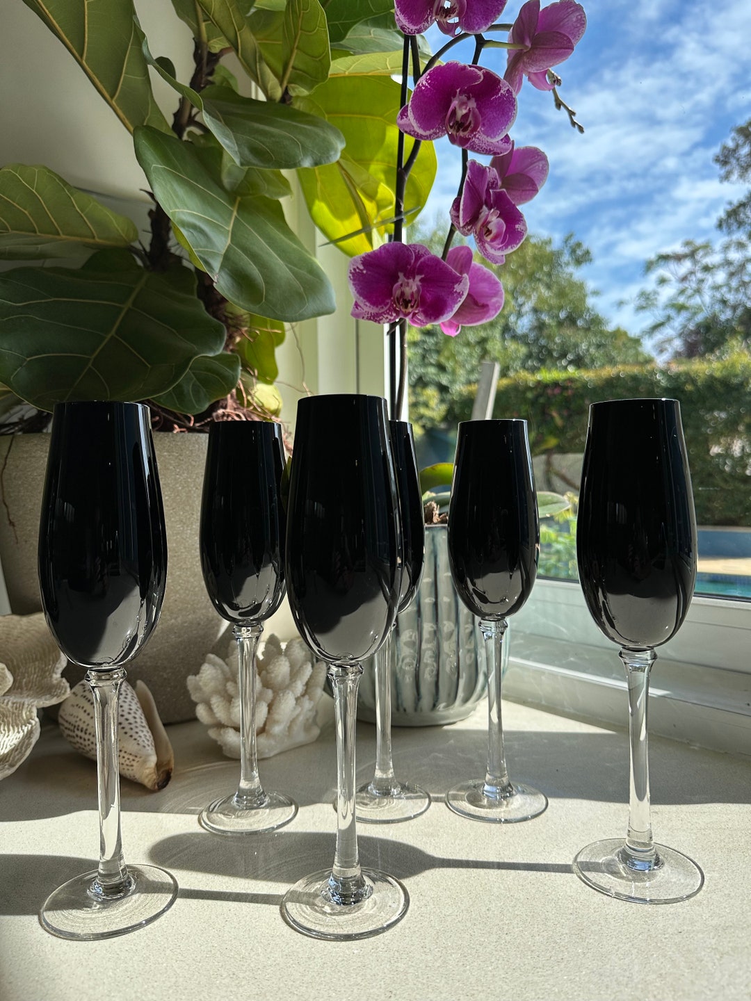 Black Glass Champagne Flutes Drinking Glasses Black Glass Etsy