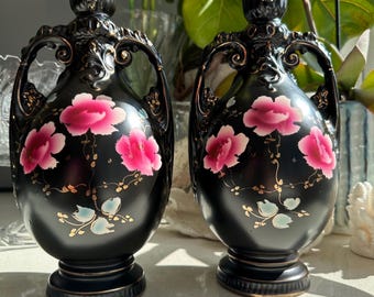 Pair of Victorian Urn Vases | Set of 2 Matching Hand Painted Pink