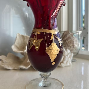 Bohemian Crystal Glass Ruby Red and Gold Gilded Glass Vase | Grape Vine Motif | Mid Century Czech Glass Pedestal Vase