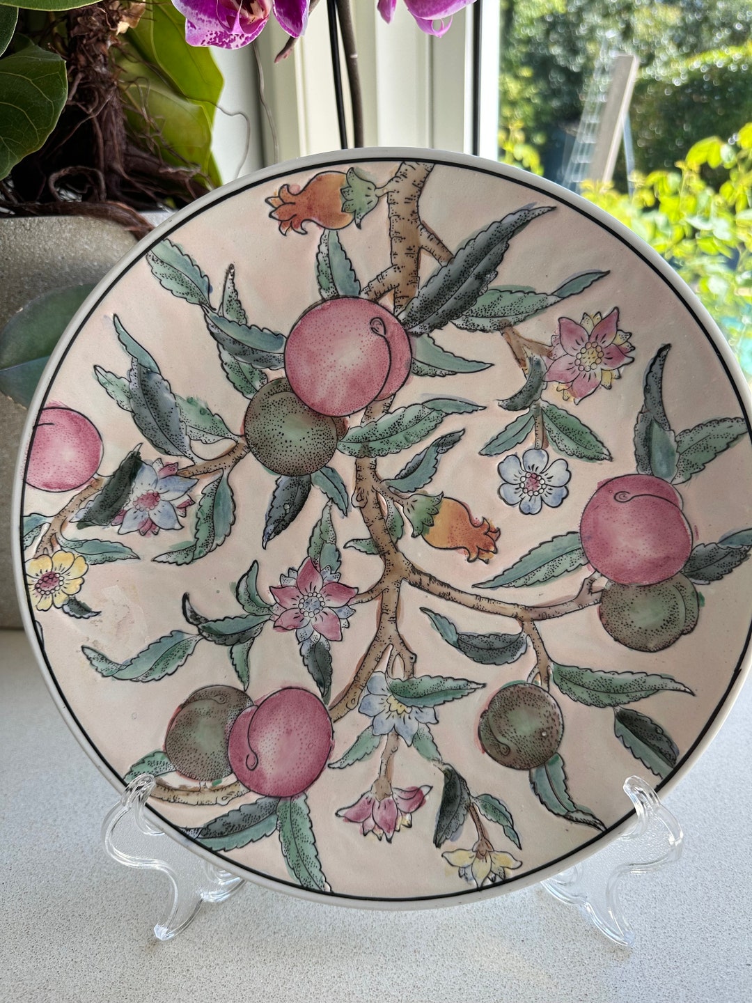 Vintage Decorative Chinese Wall Plate Peach and Floral Design Etsy