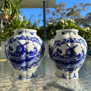 Vintage Delft Blue Windmill Vases: Dutch Ceramic Baluster Set