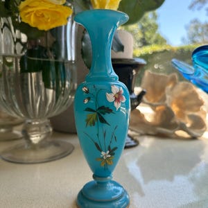 Opalescent Blue Glass Vase, Gold Hand Painted with Enamelling of White Flower, Buds and Leaves - Beautiful Vintage Glass