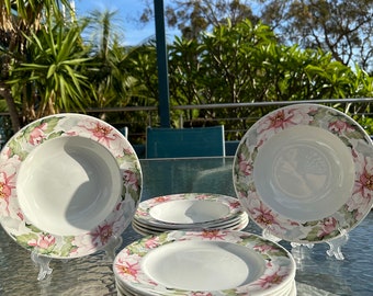 Johnson Bros Soup Bowls and Side Plates/Salad Plate - set of 6, Pink Floral Design and Green Leaves Design - Katherine by Johnson Bros