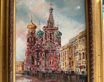 Vintage Framed Oil Painting- St Petersburg, The Church of the Saviour, Orthodox Church