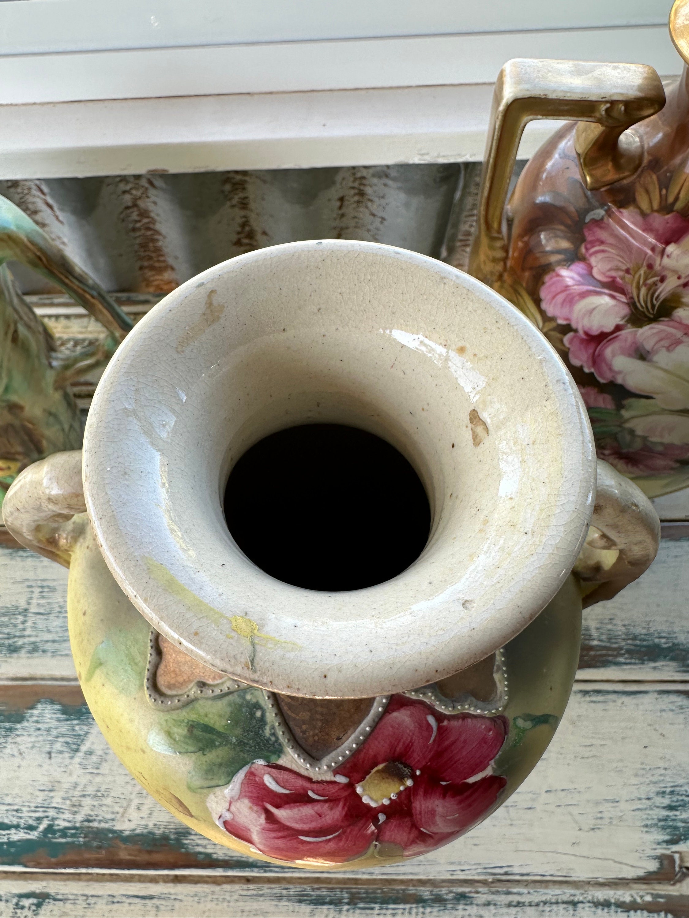 Old Japanese Moriage Vase Floral Pink Rose Design With Twin