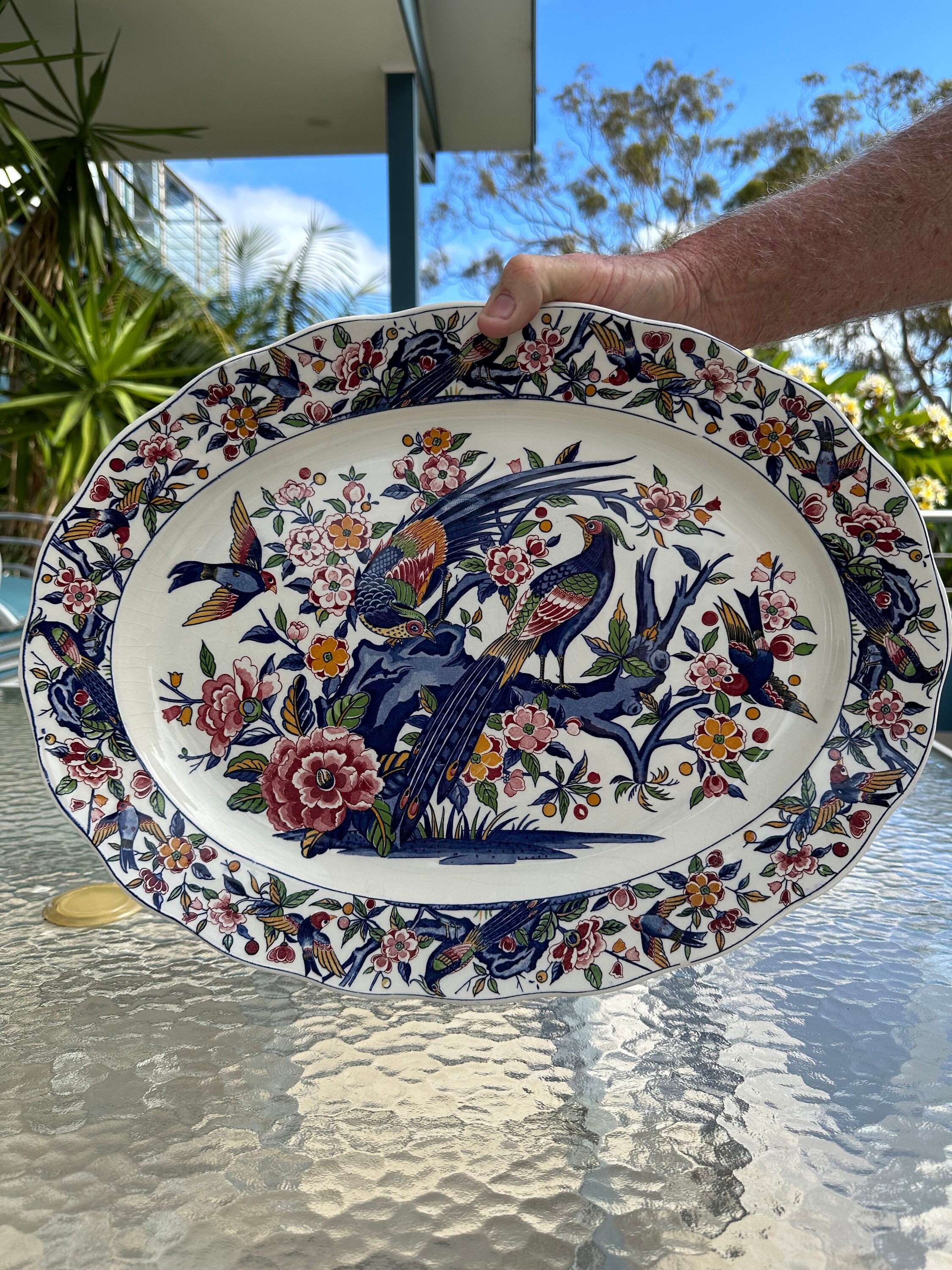 Rare Pheasant Design Glazed Ceramic Transferware Serving Platter, Vintage  Blue Pink Gold and White Turkey Platter SM Brand Made in Japan