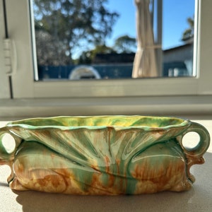 Glazed Pottery Flower Vase Green and Brown  Australian Vintage Pottery Trough Vase