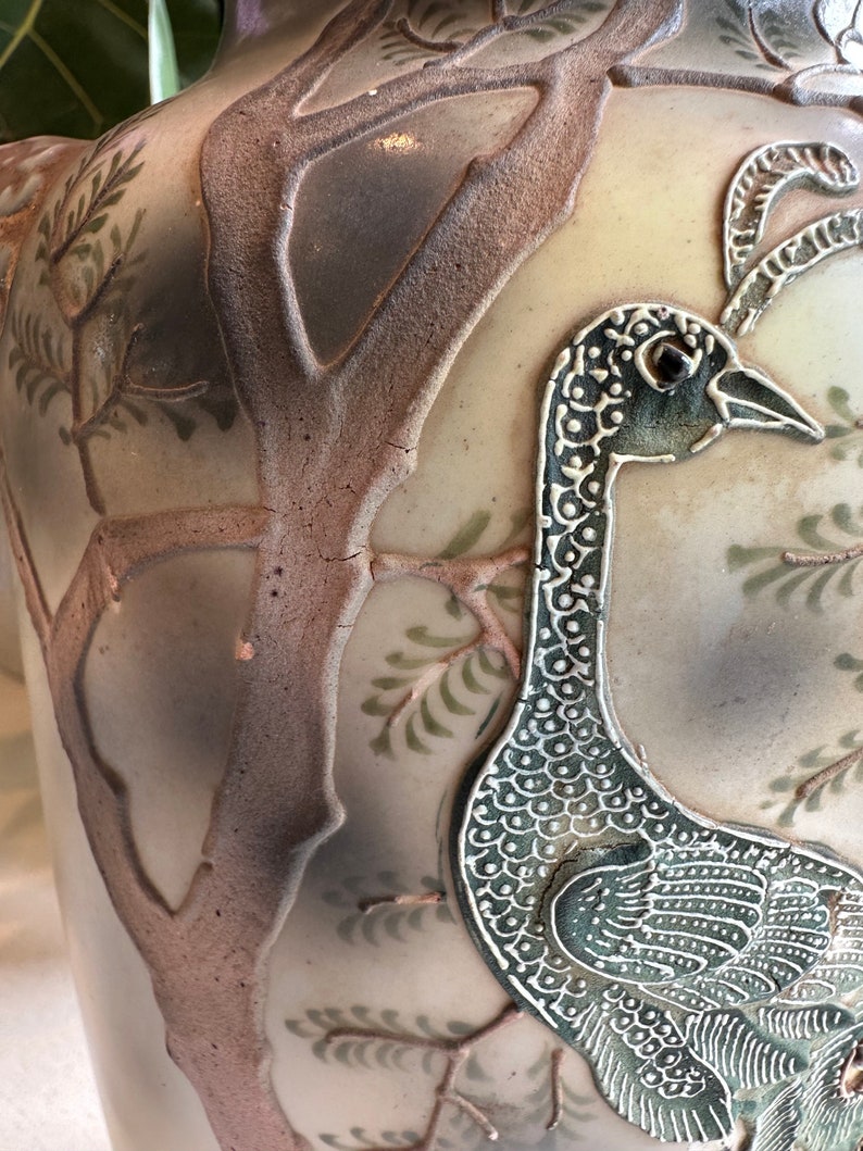 Vintage Antique Japanese Satsuma Peacock Vases Handles Etsy