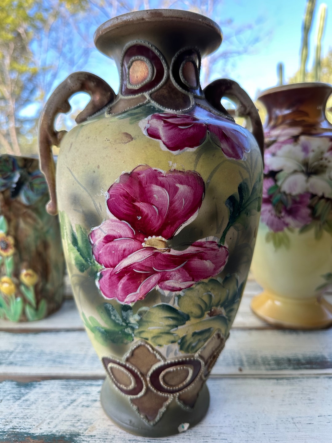 Old Japanese Moriage Vase Floral Pink Rose Design With Twin