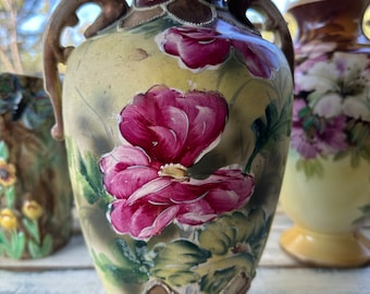 Old Japanese Moriage Vase Floral Pink Rose Design With Twin