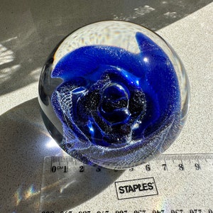Vintage Blue Flower Paperweight Clear and Brilliant Glass image 7