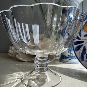 Krosno Glass Pedestal Bowl, Elegant Ribbed Clear Glass Serving Large Bowl