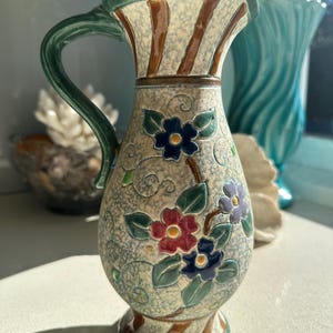 Vintage Japanese Floral Pitcher Vase | Majolica Style 1940-60&#39;s Decorative Jug