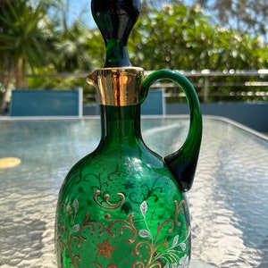 Bohemian Green Glass, Gold Painted Art Glass Pitcher, Decanter