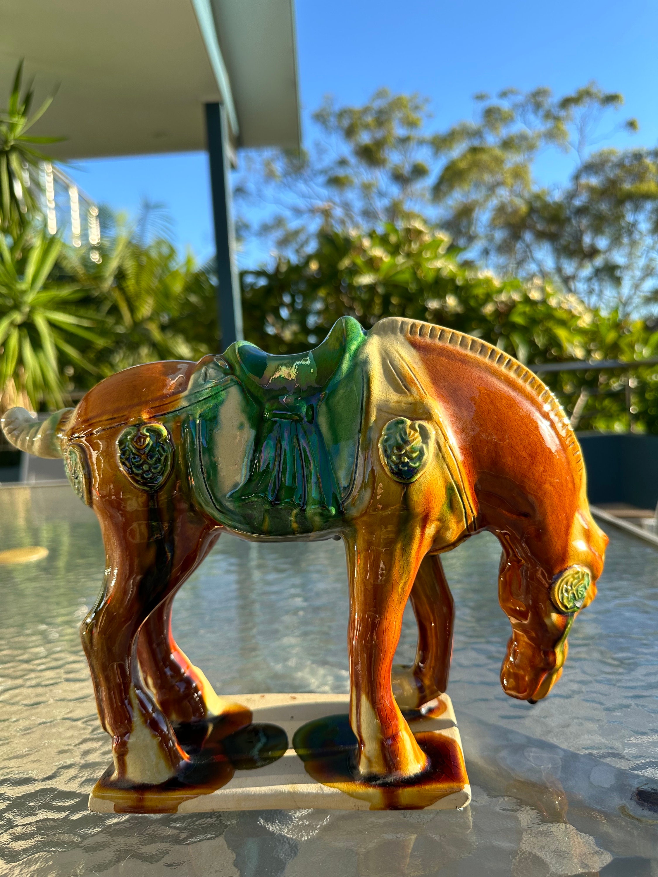 Large Horse Statue Chinese Sancai Mid Century Glazee Ceramic
