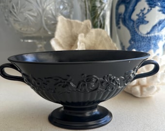 Antique Black Footed Urn Style Vase with Handles, Vintage Black Ceramic Art Deco Style Vase