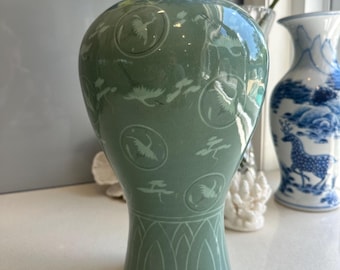 Celadon Green Crane Korean Vase - Maebyeong Plum Bottle Vase with Traditional Crane and Cloud Design - Vintage Korean Vase