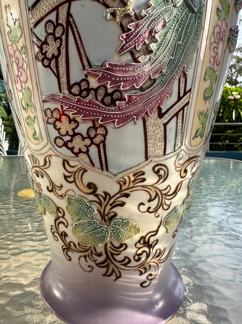 Antique circ 1800 early 1900’s Nippon Vases Set of 2 Large x 37-38 cm tall | Hand-Painted Peacock & Floral Design image 5