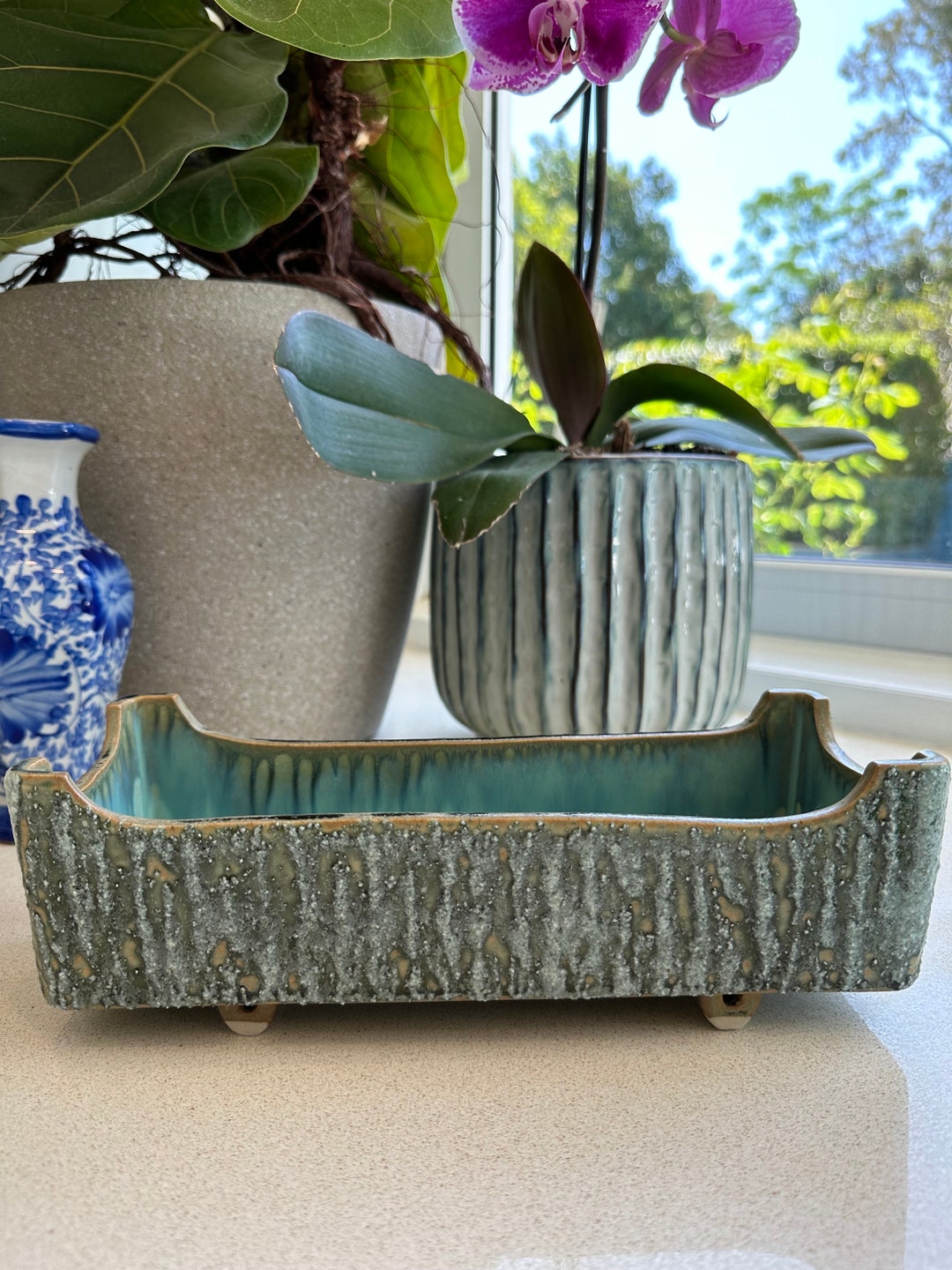 Japanese Ikebana Bonsai Suiban Vase Mid Century Green Textured Ceramic