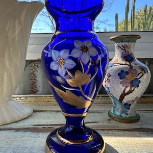 Czech Cobalt Blue and Gold Hand Painted Crystal Glass Vase With
