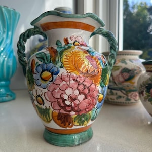 イタリア製 マヨリカ焼 花瓶＆小物入れ 手描き鳥柄 Rooster vase italy