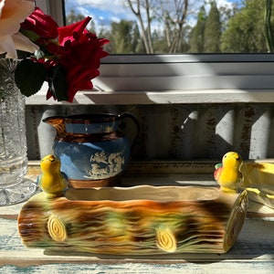 Może przedstawiać: Ceramiczna doniczka w kształcie pnia drzewa z dwoma żółtymi ptakami siedzącymi na końcach. Doniczka ma brązową, zieloną i żółtą glazurę.