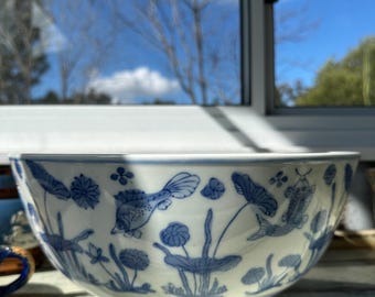 Chinese Porcelain Large Dynasty Bowl Blue Koi Fish, Aquatic Plants Ming and Qing Dynasties Inspired Measures 14 cm high x 30 cm wide