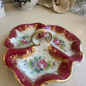 Limoges Red Gold Bowl Signed France Porcelain| Roses, Gold Design | 3 Section Serving Tray Perfect Sweets, Appetisers, Trinket Dish