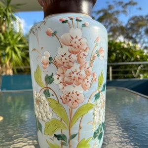 Opaline Glass Floral Vase | Pink Floral Blossoms | Blue Opaline Glass Vase with Gold Gilt Detailing