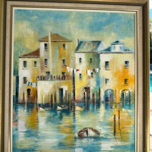 Gerahmtes Venedig Kanal-Ölgemälde: Vintage italienische Stadtlandschaftskunst