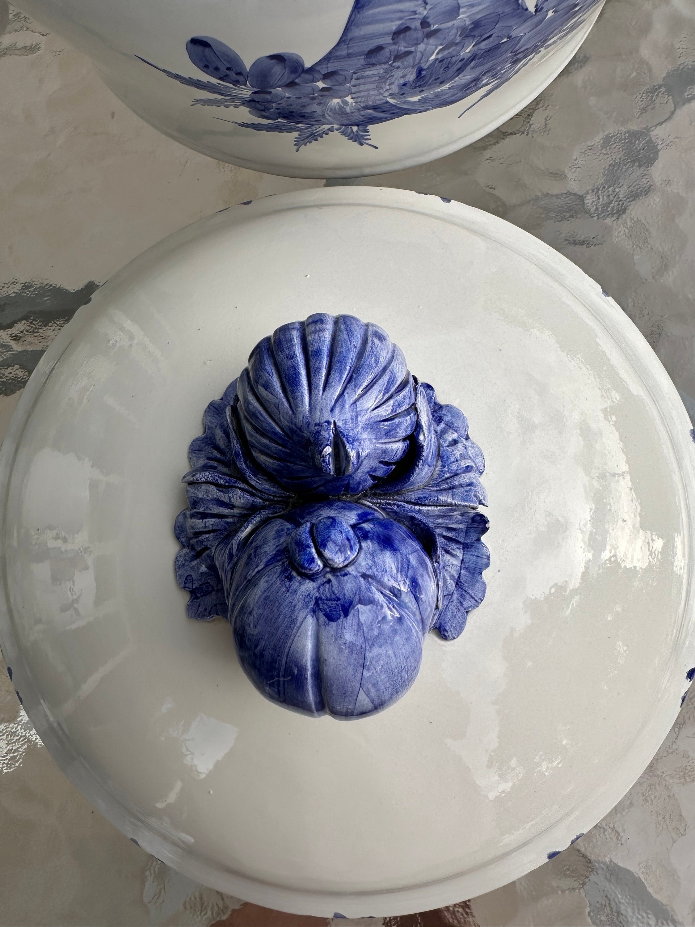 Large Italian Ceramic Tureen With Lid | Hand Painted Blue