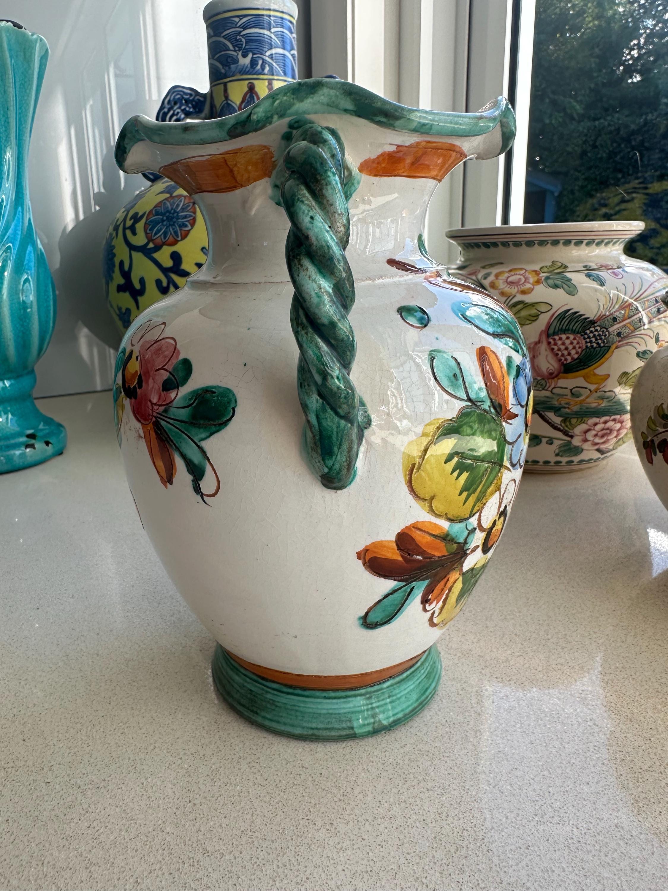 Hand-painted Italian Pottery Vase: Majolica Style Floral Sgraffito