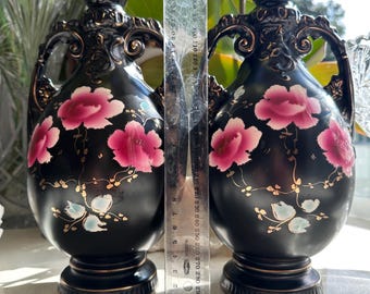 Pair of Victorian Urn Vases | Set of 2 Matching Hand Painted Pink