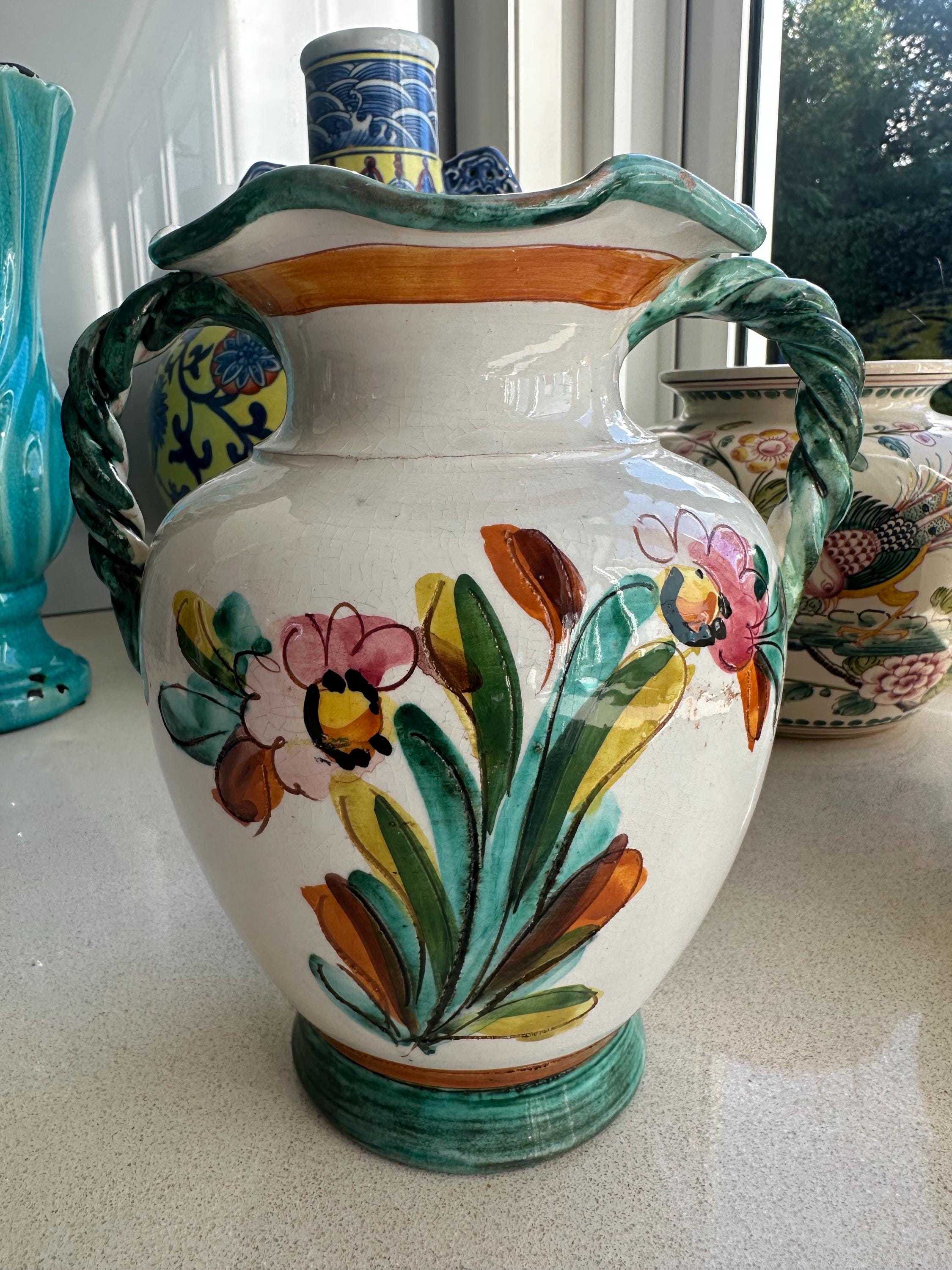 Hand-painted Italian Pottery Vase: Majolica Style Floral Sgraffito