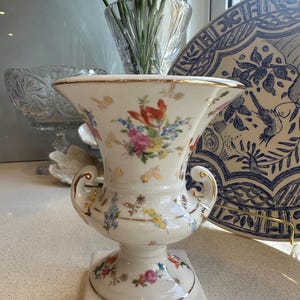 European Porcelain Trumpet Vase: Hand-Painted Florals, Gold Gilding