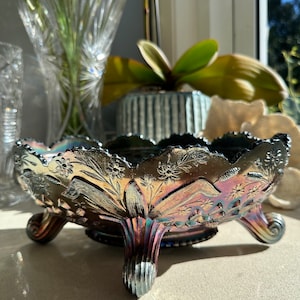 Antique Fenton Black Carnival Glass Bowl – Thistle & Water Lily Design, Footed Iridescent Centerpiece