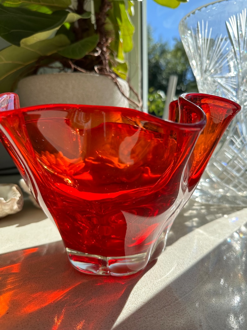 Art Glass Red Vase Handkerchief Thick Red and Orange Glass Vintage