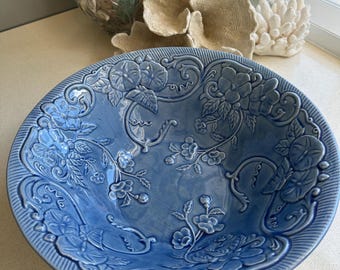 Vintage Bordallo Pinheiro Blue Majolica Embossed Floral Bowl – 30 cm – Portugal | circ 1980’s