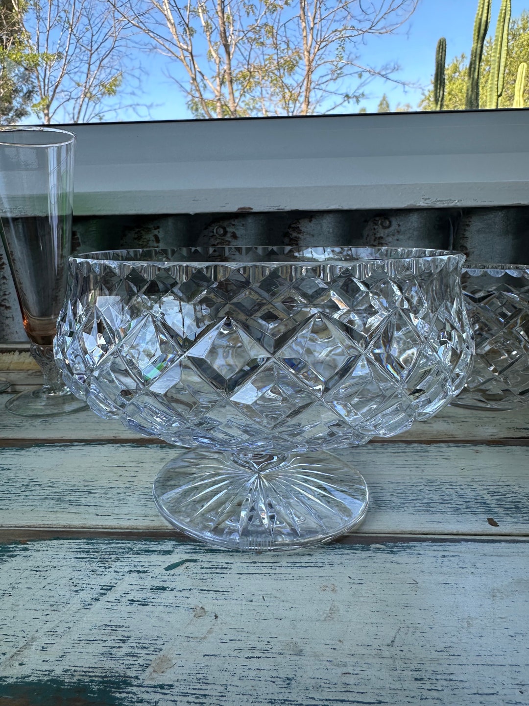 Patterned Crystal Crystal Pedestal Fruit Bowl, Vintage Crystal Fruit Salad Bowl Diamond ...